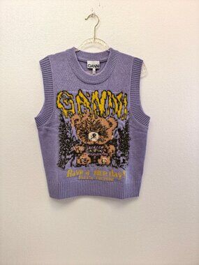 GANNI Bear Graphic Purple Knit Sweater Vest